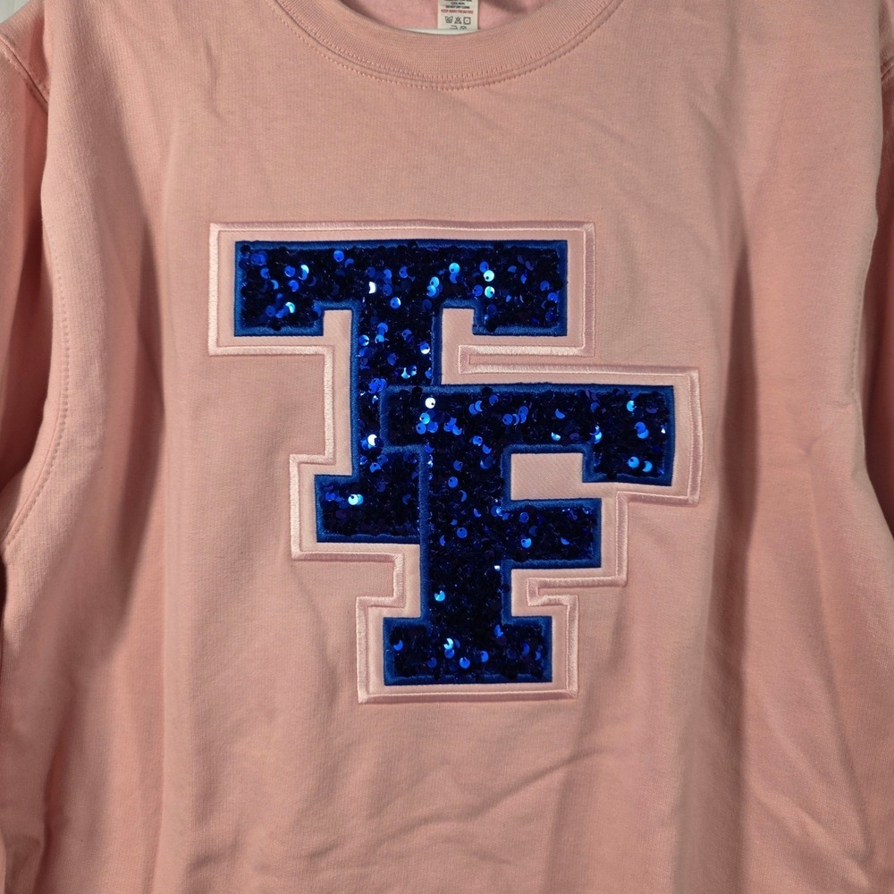 Just Hoods AWDis Pink Sequin TF Varsity Crewneck Sweatshirt Womens Medium JHA030 - Picture 3 of 7